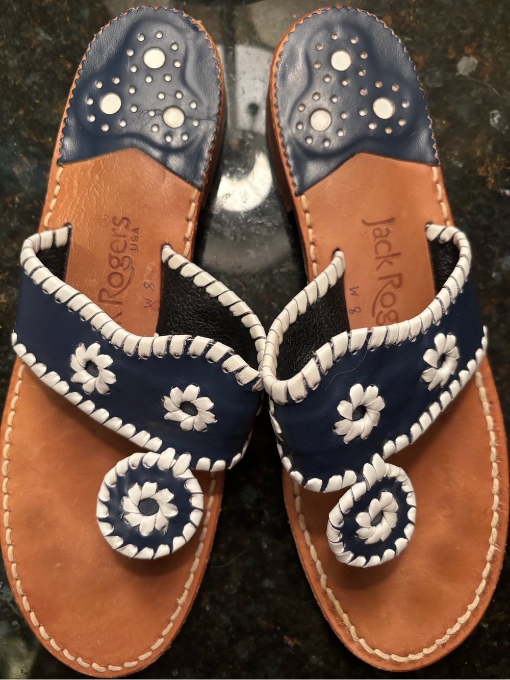 Jack Rogers Navy Blue and White Floral Whipstitch Sandals